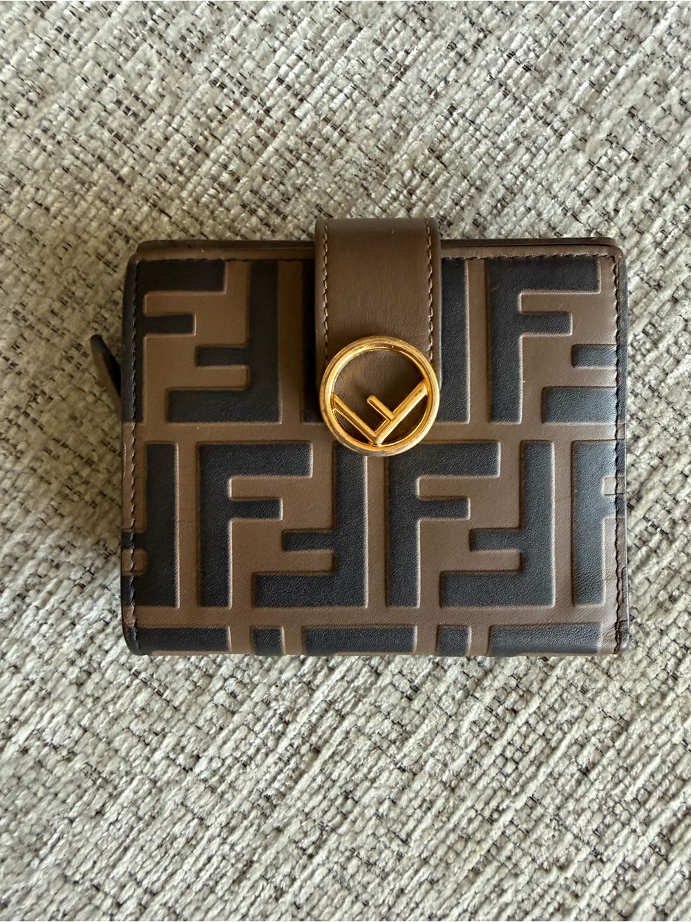 Fendi Brown FF Embossed Leather Compact Snap Wallet with Gold Accent